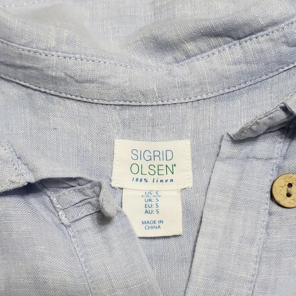 Sigrid Olsen Womens Blue 100% Linen Henley Tunic Shirt Roll Tab Sleeve Small - Picture 6 of 11